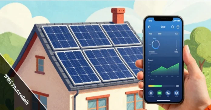 HMS Photovoltaik smart solar energy system with microinverters on residential roof showing real-time monitoring app and energy production data