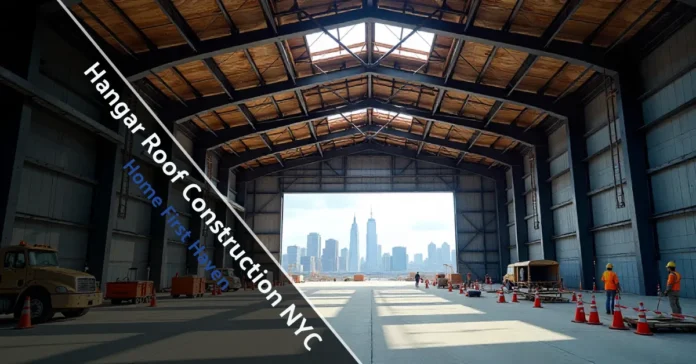 Hangar Roof Construction NYC steel framework installation with construction workers and Manhattan skyline background