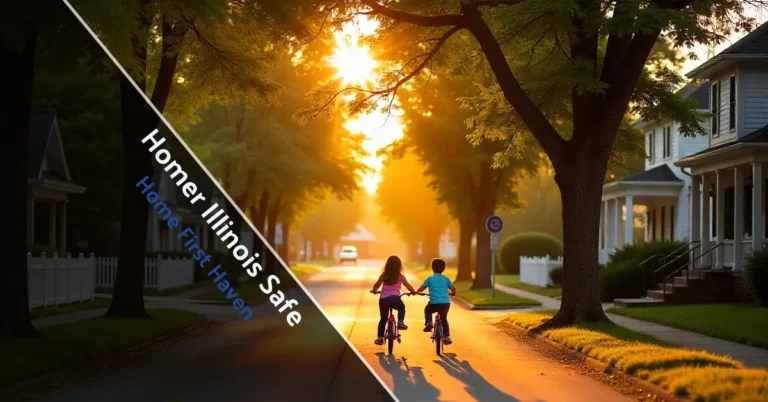 Homer Illinois safe peaceful neighborhood street with children biking and tree-lined homes during golden hour sunset