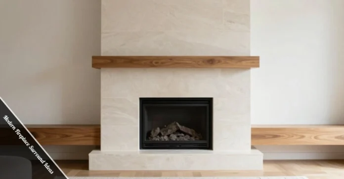 Modern fireplace surround with natural stone slab and linear gas fireplace in contemporary living room