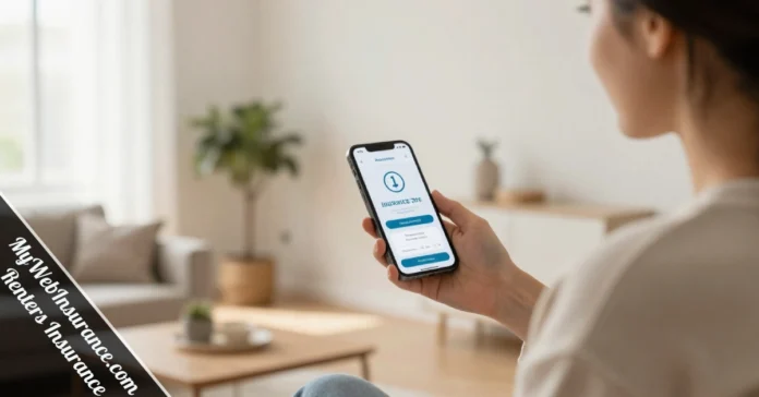 Renter using mywebinsurance.com renters insurance app in bright modern apartment with phone showing digital dashboard