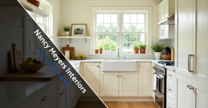 Nancy Meyers interiors white kitchen marble island copper pots natural light Hamptons style timeless design inspiration