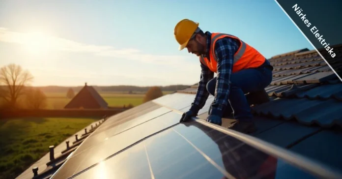 Närkes Elektriska electrical technician installing solar panels on Swedish home roof