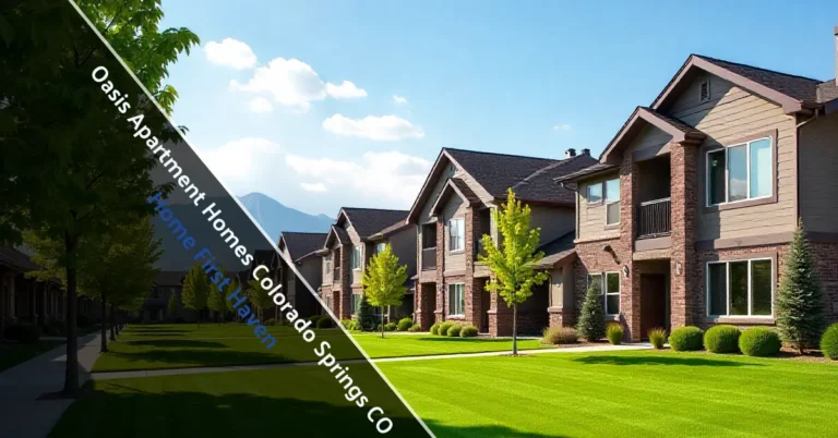 Oasis Apartment Homes Colorado Springs CO exterior with mountain views, green lawns and mature trees in northwest area