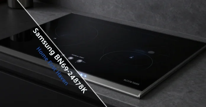 Samsung BN69-24878K Samsung BN69-24878K induction cooktop with FlexZone, Virtual Flame LEDs and sleek smart controls in a modern kitchen.