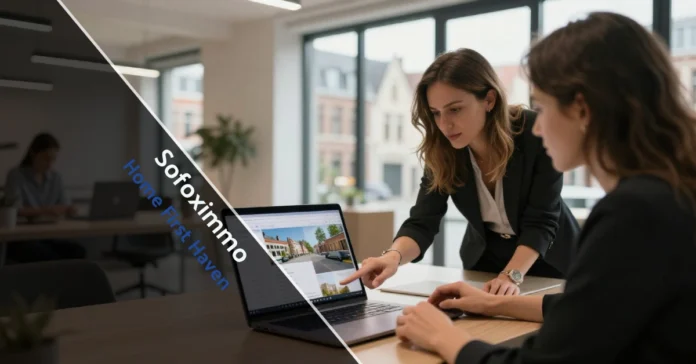 Sofoximmo real estate agent Sophie Renard consulting clients in modern Tubize office with property listings displayed