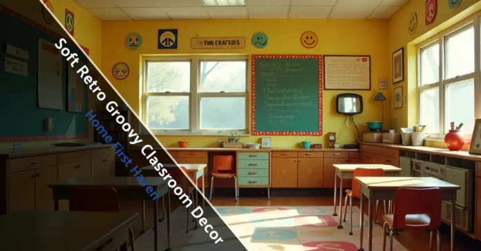 Soft Retro Groovy Classroom Decor with pastel colors, rainbow borders, and cozy reading corner in elementary classroom