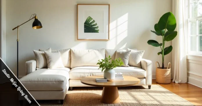 Studio McGee living room with neutral sofa, natural textures, and warm lighting creating comfortable modern design