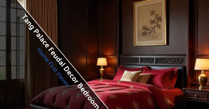 Tang Palace Feudal Decor Bedroom Tang Palace feudal decor bedroom with carved bed, silk textiles, paper lanterns and symmetrical layout