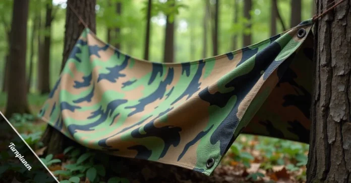 Tarnplanen camouflage tarp with woodland pattern stretched in forest showing weather-resistant material and reinforced eyelets