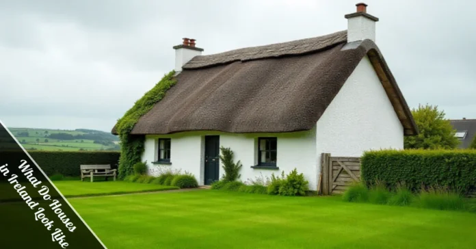 What do houses in Ireland look like - traditional thatched cottage with whitewashed walls in Irish countryside setting