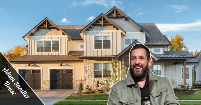 Adam Sandler house exterior view in Pacific Palisades with swimming pool, landscaped gardens and celebrity residence