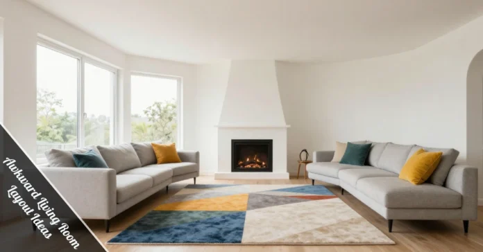Awkward living room layout ideas featuring curved walls, floating furniture & strategic zoning in modern home design