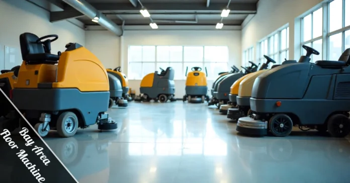 Bay Area Floor Machine showroom featuring commercial autoscrubbers and burnishers on polished reflective floors