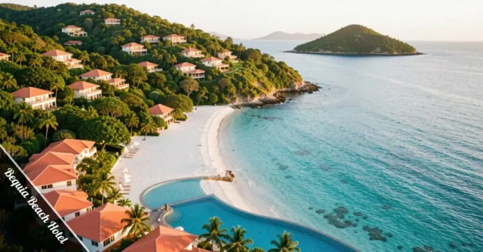Bequia Beach Hotel aerial view showing Friendship Bay beach, infinity pool, tropical gardens, and beachfront suites in the Grenadines