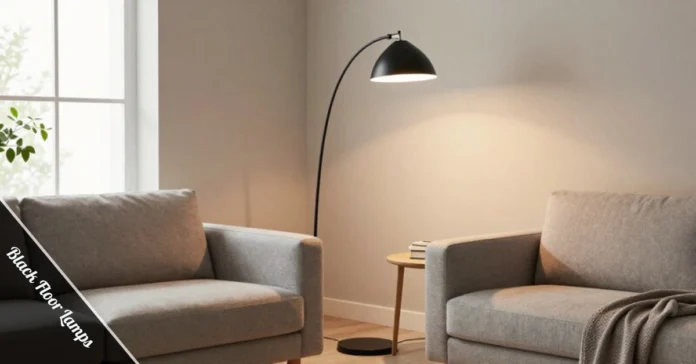 Modern black floor lamp beside gray sofa in bright living room with natural light and minimal decor