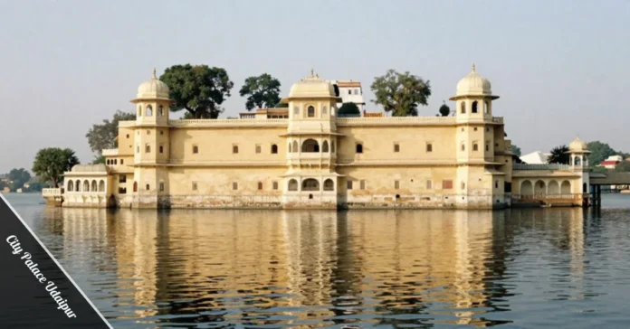 City Palace Udaipur white marble facade rising from Lake Pichola with balconies towers and Rajput architecture