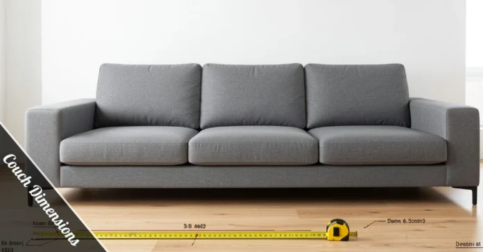 Standard couch dimensions measured with tape in modern living room showing length width and height specifications