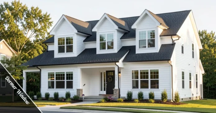 Dormer Window on residential home showing gabled style projecting from sloped roof with natural light