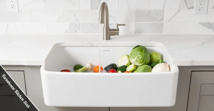White fireclay Farmhouse Kitchen Sink with deep basin and exposed apron front in modern kitchen