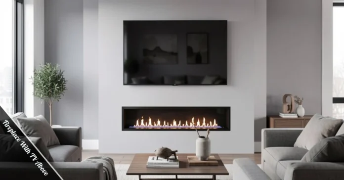 modern living room with flat screen TV mounted above electric fireplace on gray wall