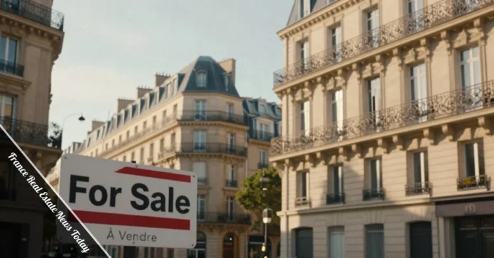 France Real Estate News Today 2026 showing Parisian apartment buildings with for sale sign