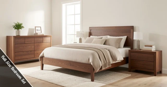 Modern full size bedroom set with bed frame, dresser, and nightstand in a small guest room