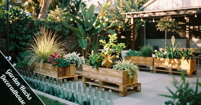 Garden hacks decoradhouse ideas showing vertical planters, string lights, and tiered beds in modern backyard setting