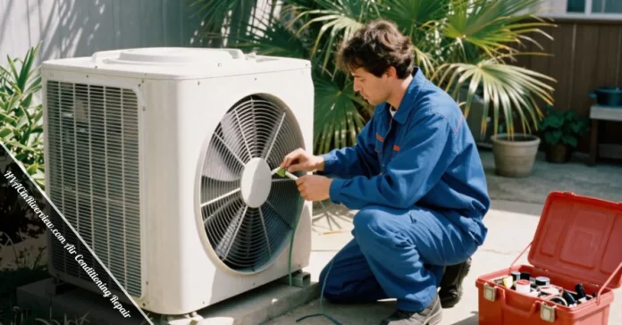HVAC technician repairing air conditioning unit for hvacinriverview.com repair service in Riverview Florida