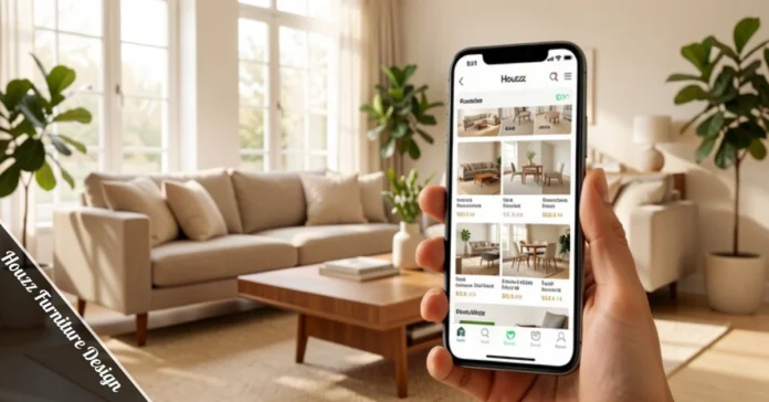 houzz furniture design app showing living room furniture shopping with ar visualization tools on smartphone screen
