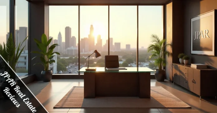 JPAR Real Estate Reviews - Modern professional office interior with agents workspace and Texas skyline background
