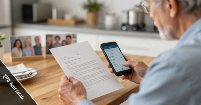 Ohio homeowner reviewing LHB real estate unsolicited home buying offer letter at kitchen table