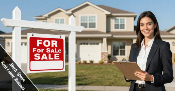 Mark Spain Real Estate reviews - suburban home for sale with agent and cash offer comparison visual illustration