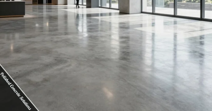 Polished concrete solutions floor with high-gloss finish in modern commercial space showing reflective surface