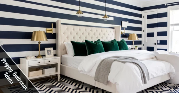 Preppy bedroom ideas with striped accent wall, layered bedding, botanical gallery wall, and classic furniture pieces