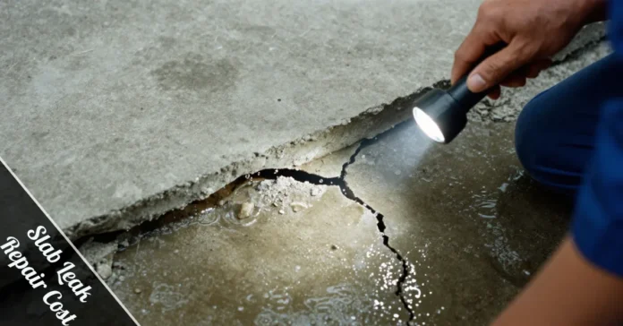 Slab leak repair cost guide showing cracked concrete foundation with water damage requiring professional plumber repair