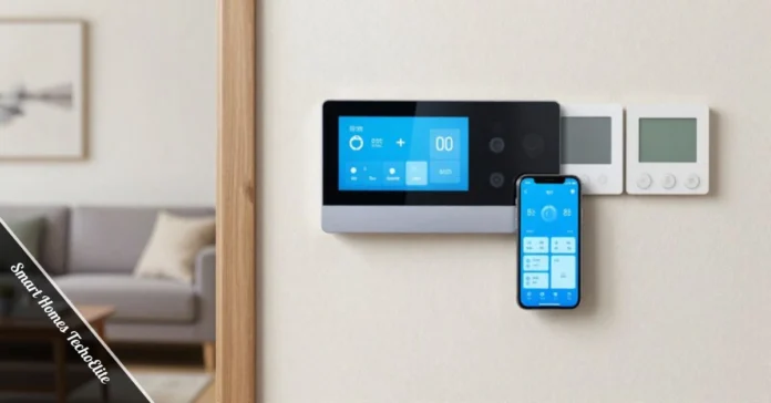 Smart Homes TechoElite system showing connected devices in modern living room with voice assistant and automated controls