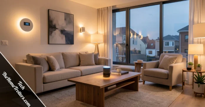 Tech TheHomeTrotters.com smart home living room with Echo, Nest thermostat, and Philips Hue lighting creating ambiance