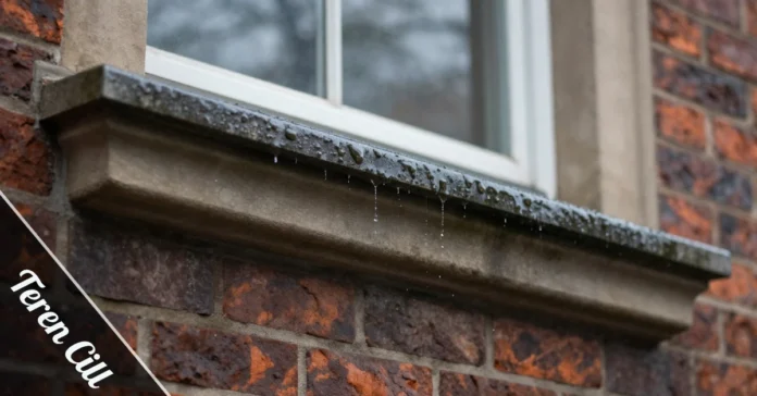 Teren Cill on brick wall with rainwater dripping off sloped surface showing proper drainage and drip groove detail