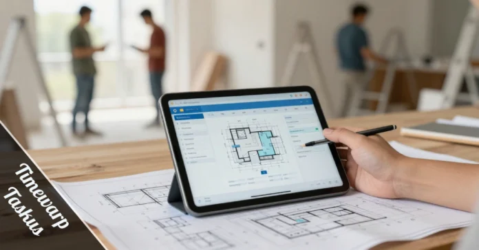 Timewarp Taskus project management dashboard displayed on tablet at active home renovation construction site