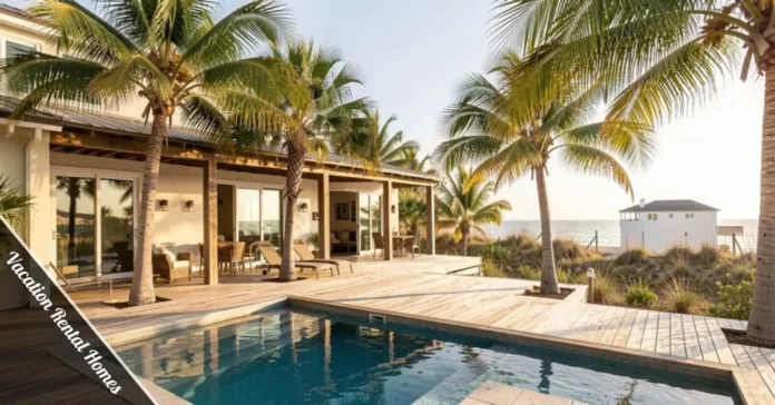 Vacation rental homes beachfront property with private pool and outdoor patio for family getaways