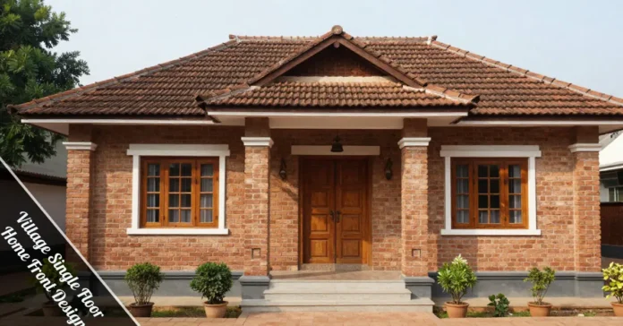 Village single floor home front design with traditional brick walls wooden door decorative pillars clay tile roof