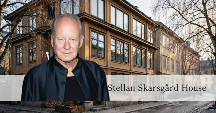 Exterior view of Stellan Skarsgård House, a traditional Scandinavian townhouse in Södermalm, Stockholm, with wooden facade and large windows.