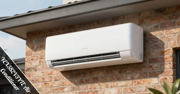 YEX382V3YTE Air Conditioner outdoor unit installed on residential home exterior wall with proper clearance space