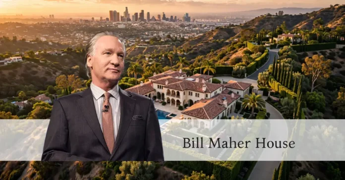 Aerial view of Bill Maher house, a large Mediterranean mansion with an infinity pool in the Beverly Hills hillside.