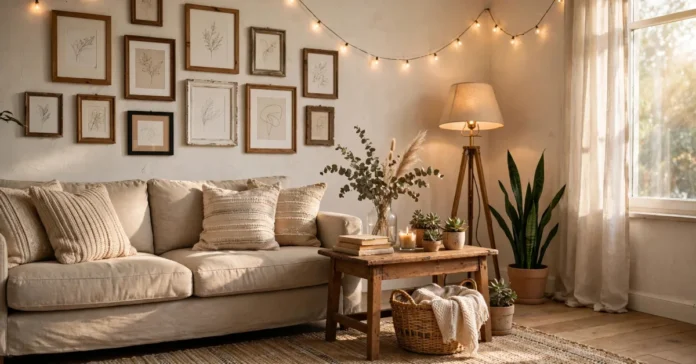 Economy home decor living room with thrifted furniture, DIY wall art, plants, and warm lighting.