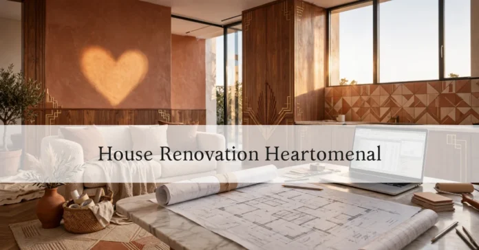 House renovation heartomenal guide featuring architectural blueprints, warm walnut wood interiors, and modern open-plan living space design for 2026