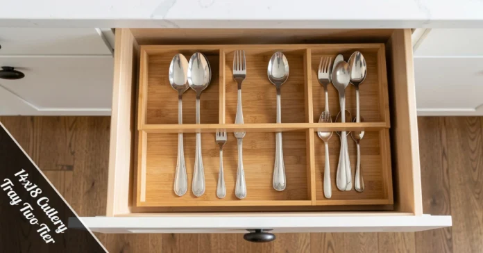14x18 cutlery tray two tier with bamboo finish organizing forks, spoons and knives in a clean modern kitchen drawer.