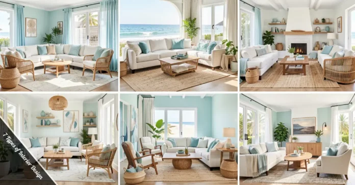 7 Types of Interior Design styles shown in modern homes including minimalist contemporary traditional bohemian and coastal interiors