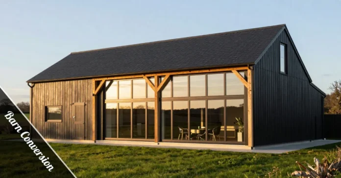 Contemporary barn conversion exterior with bronze windows and black weatherboard cladding in rural countryside
